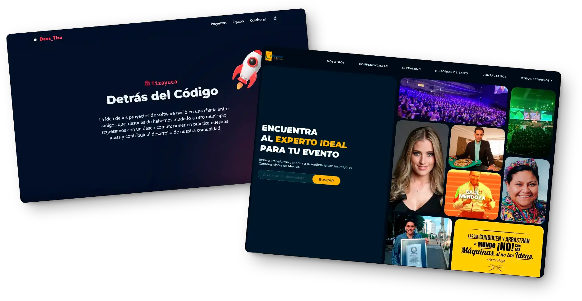 Vista de dos interfaces de sitios web con diseño moderno y oscuro.